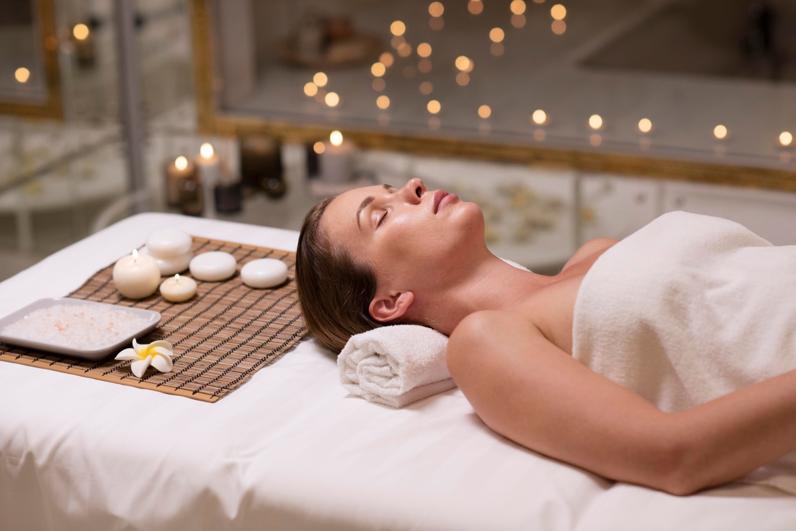 Candles, warm salts and a folded towel beside a guest relaxing at Majesty Day Spa