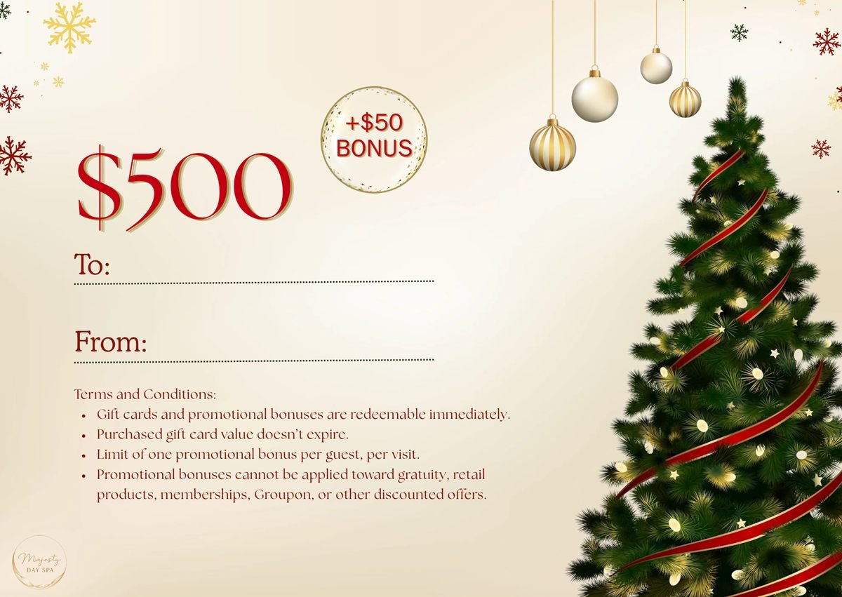 Majesty Day Spa holiday gift certificate with To and From lines beside a decorated tree