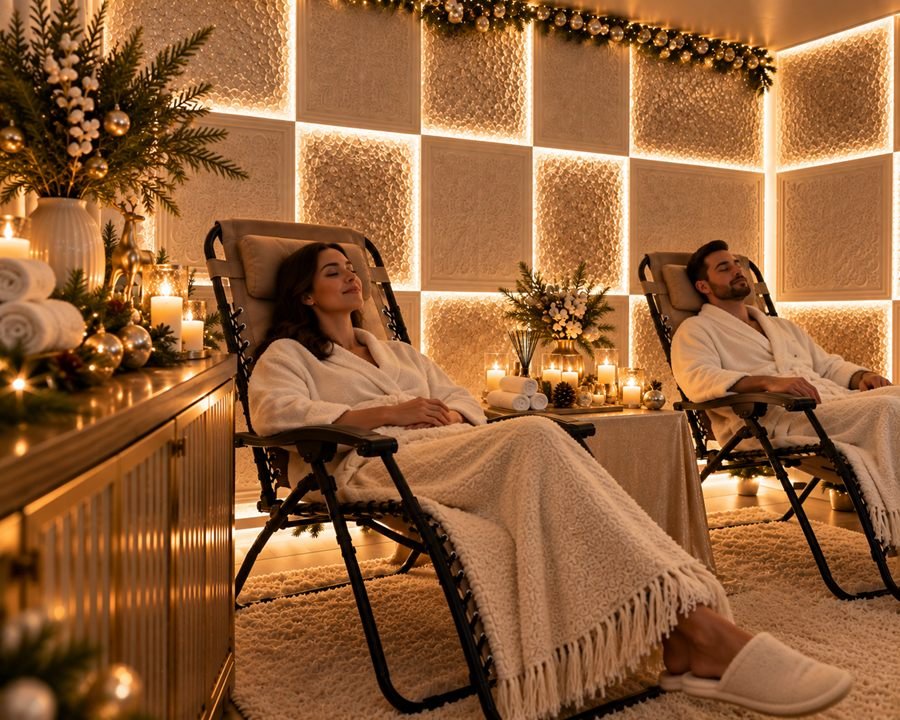A couple relaxing in robes in a softly glowing lounge decorated for the holidays