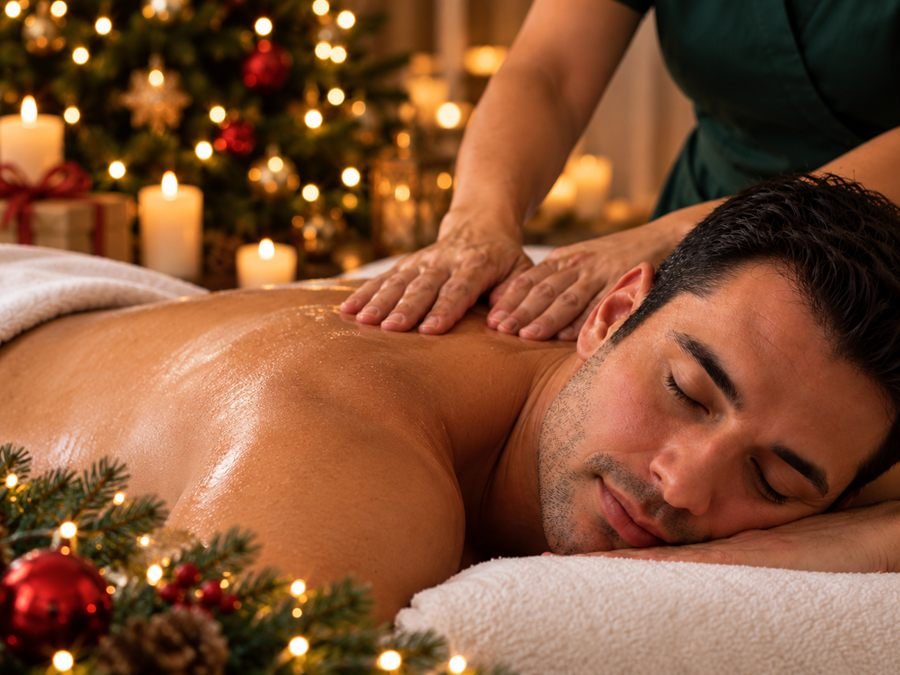 Guest relaxing during a back massage beside a softly lit holiday tree