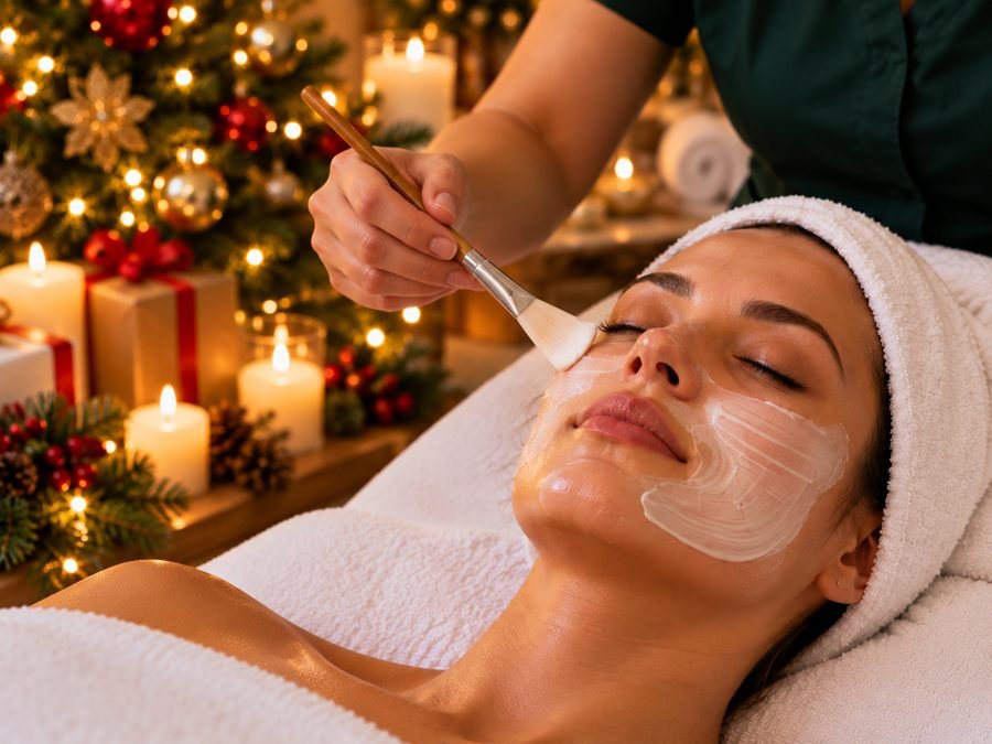 Esthetician brushing a facial mask onto a relaxed guest beside a lit holiday tree