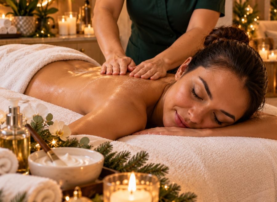 Guest smiling during a back massage, with candles and pine sprigs beside the table