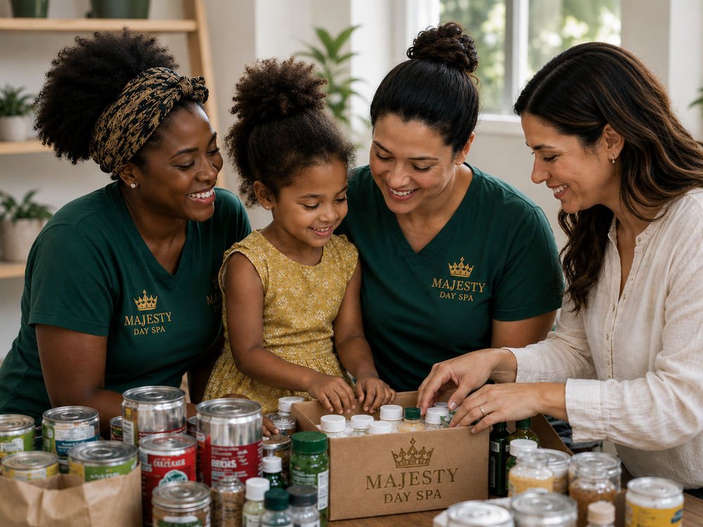 Majesty Day Spa team members and a child sorting canned goods and hygiene items into a donation box