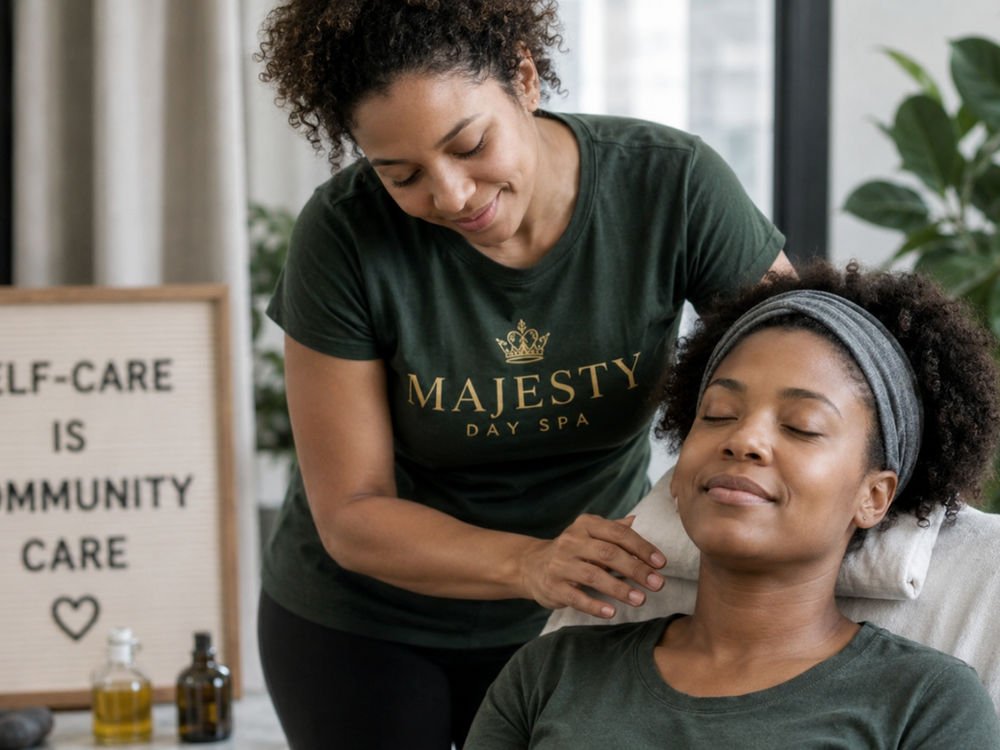 A Majesty Day Spa therapist giving a guest with closed eyes a calming neck and shoulder massage