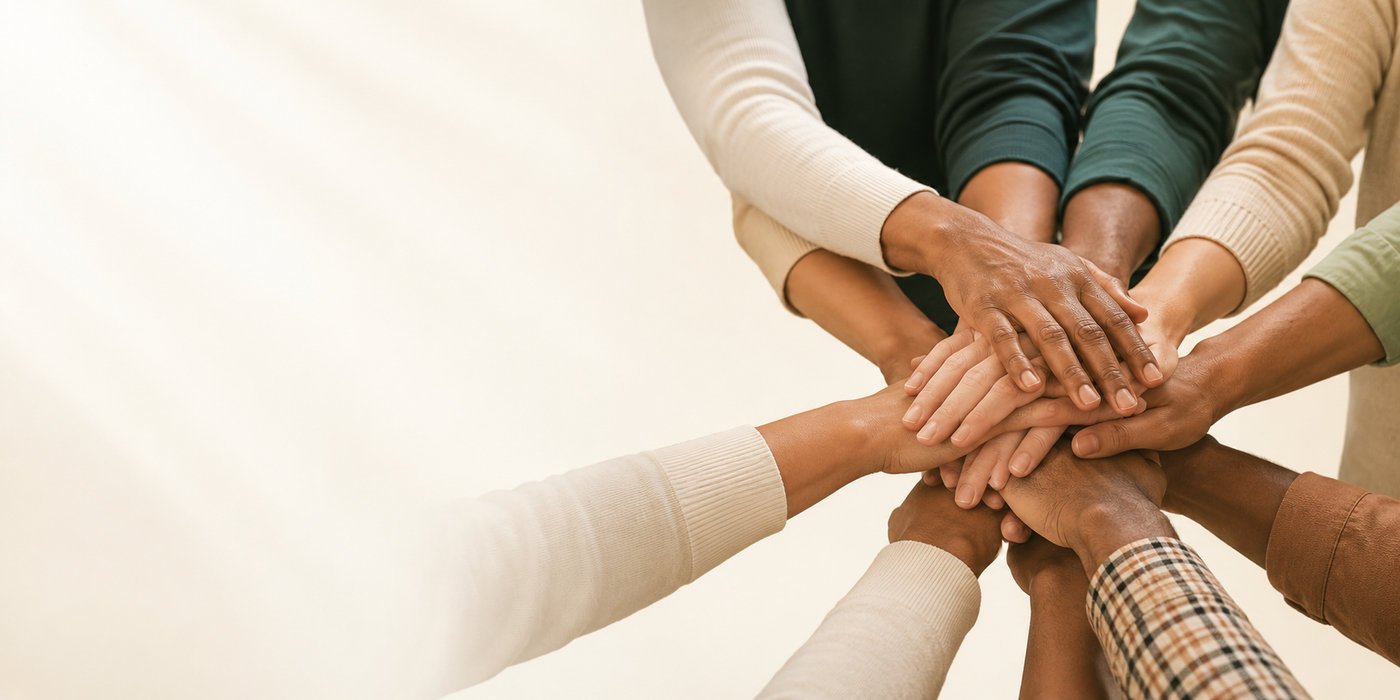 Many hands stacked together in a circle, a sign of teamwork