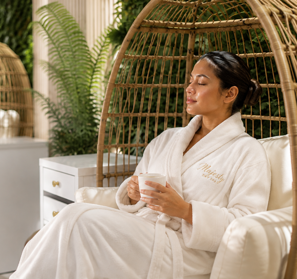Majesty Day Spa reception with throne chairs and gold accent wall